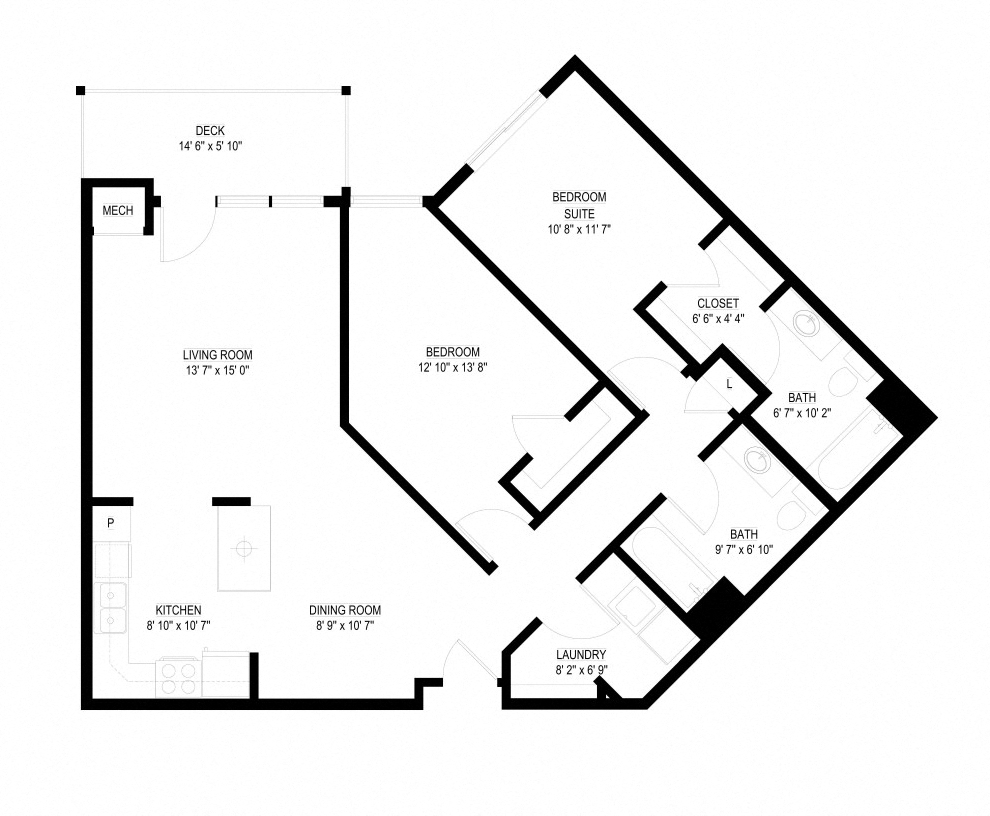 Floor plan for 2 beds, 2 baths, 1095 sqft